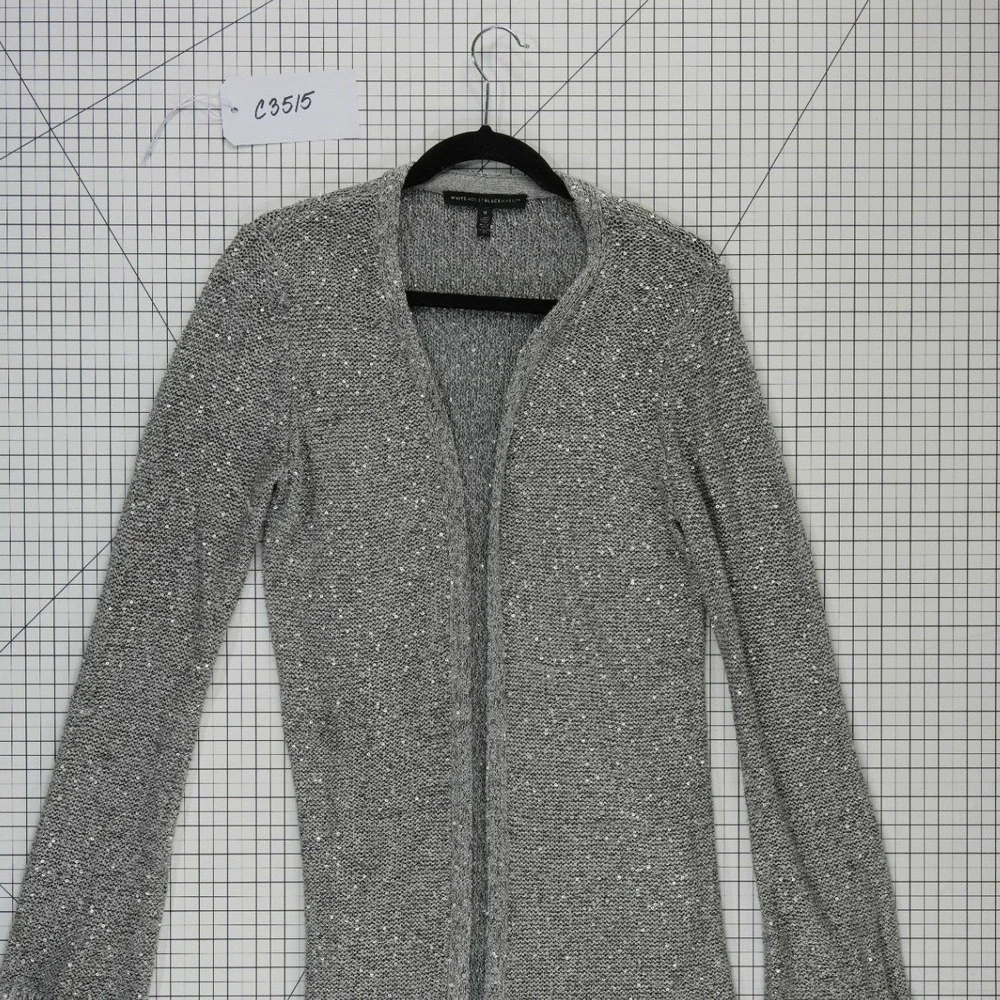 White House Black Market Cardigan Sweater Womens Size Medium Silver Sparkle Bell